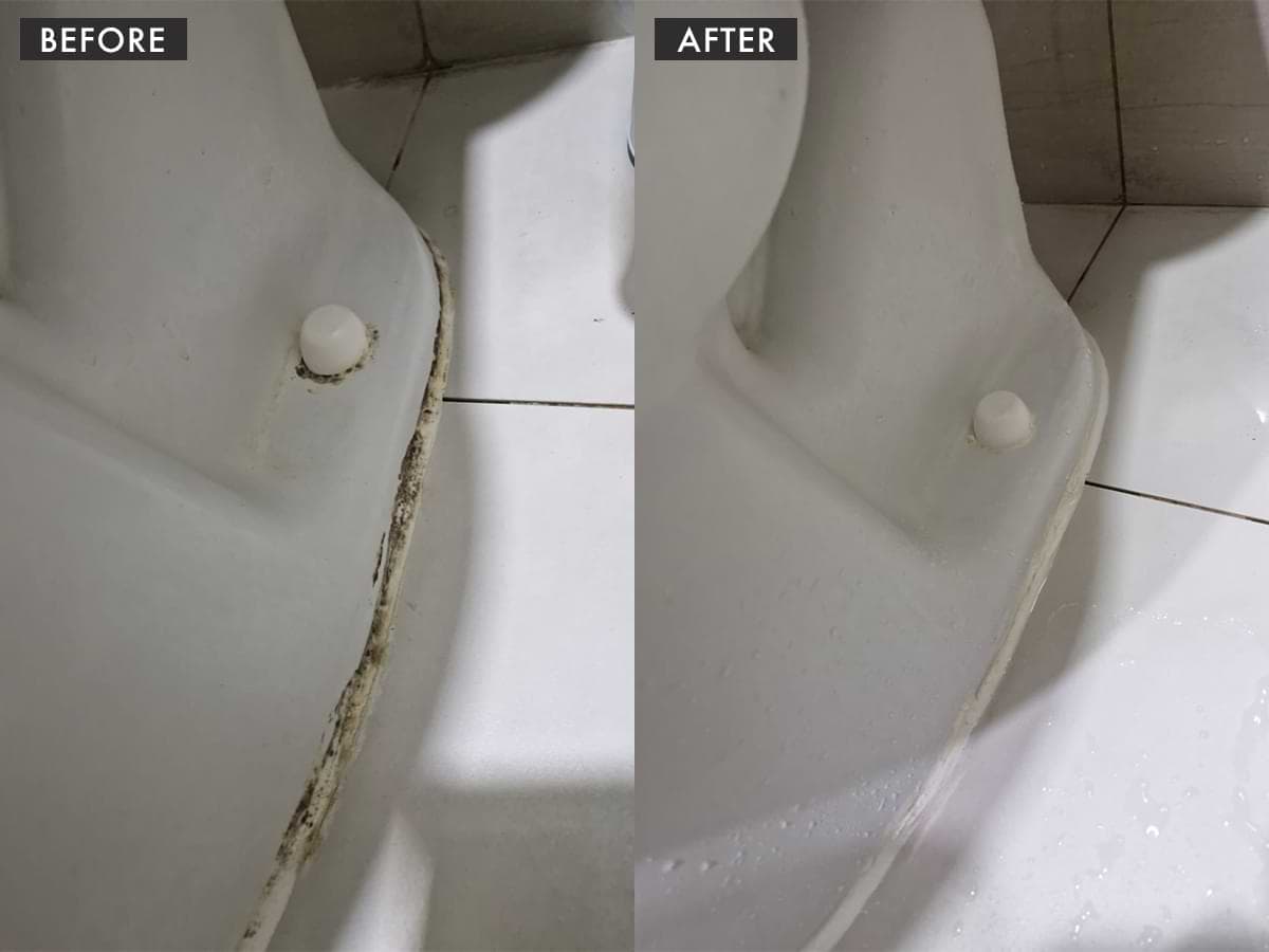 Before and after of HelpMeet treating bathroom mold around toilet base