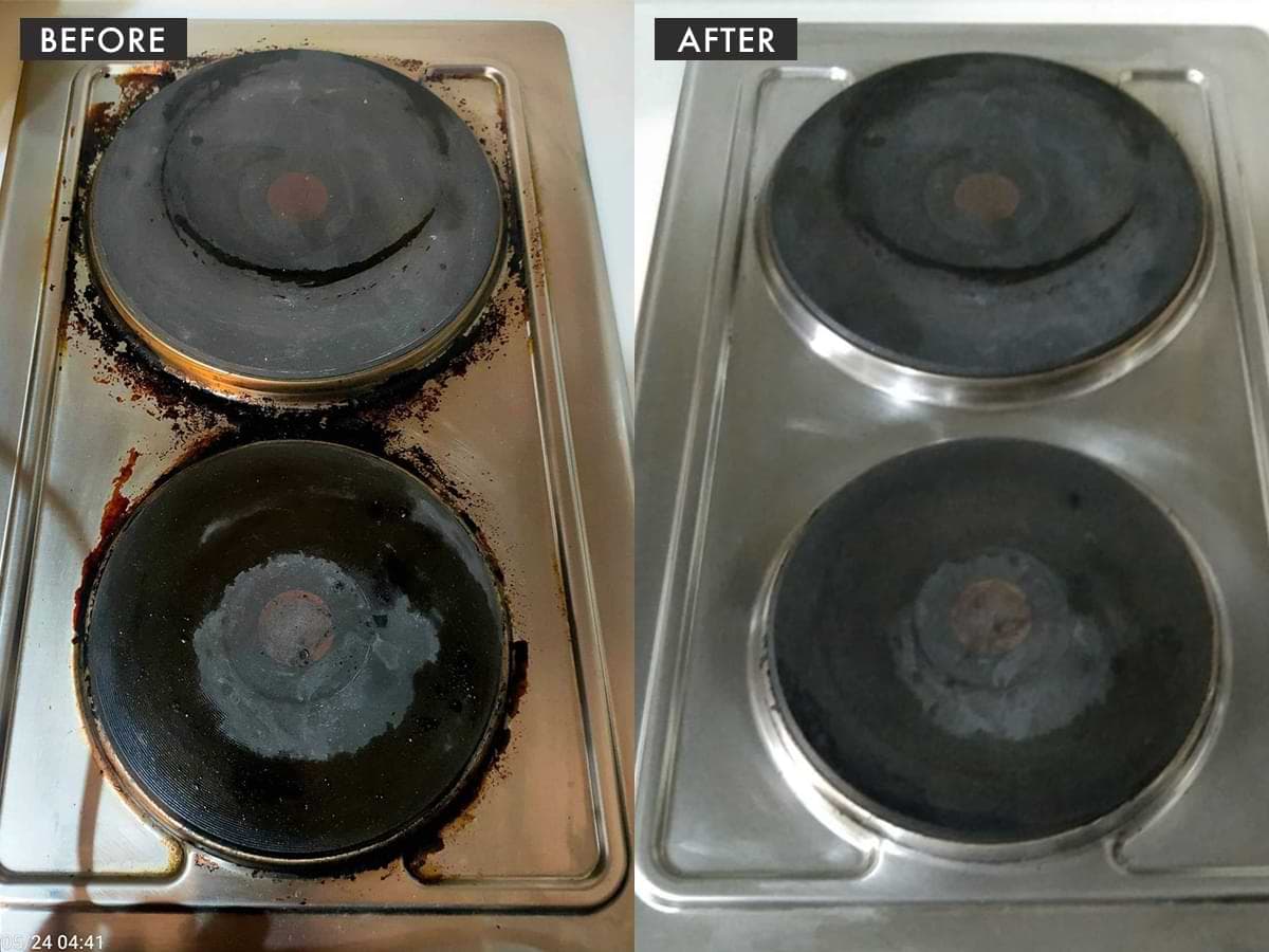 Before and after of HelpMeet deep cleaning a grease-caked stovetop
