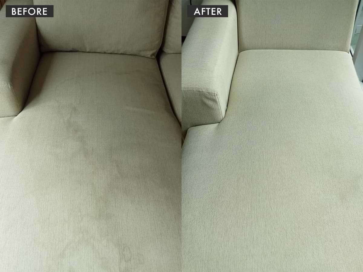 Before and after of HelpMeet removing stains from a chaise lounge cushion